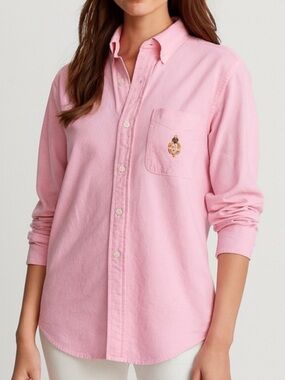 Vintage Ralph Lauren Pink Preppy Button Down Shirt with Embroidered Crest Size 4